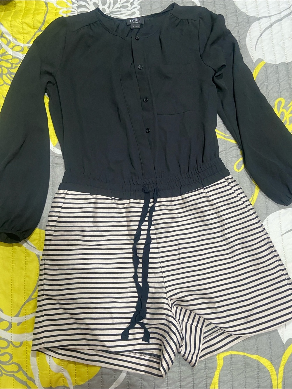 LOFT Black Button-Top with Navy-and-White Striped Skirted Shorts